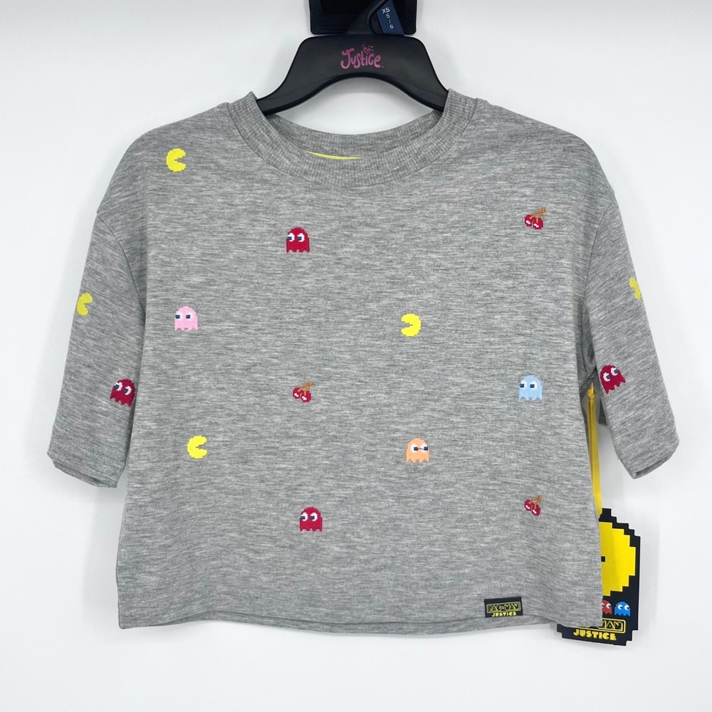 Justice Pac-Man Graphic Tee Girls XS 5/6 Grey Cropped Embroidered Retro Gamer